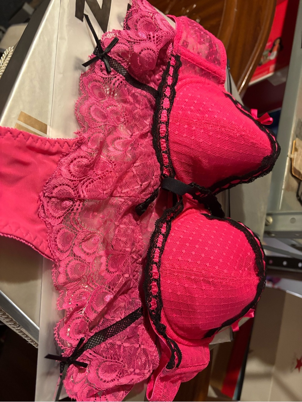 NWOT Pink Lace Trim Push-Up Bra & Panty with Black Accents Size 36 B & L